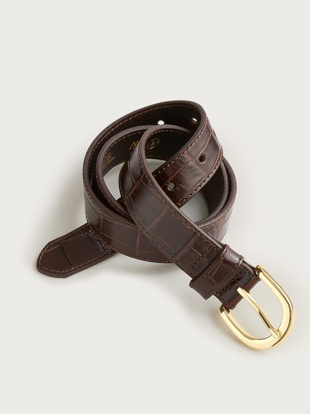 Brown Croc-Embossed Leather Belt with Gold Buckle